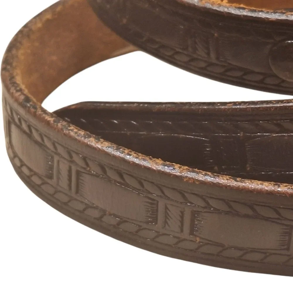 Vintage Leather Tooled Skinny Belt XS-S Basket Weave Western Pattern Black
